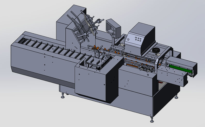 間歇式裝盒機solidworks設(shè)計圖帶熱熔膠機可生成加工圖